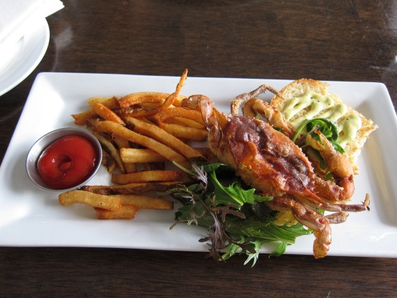 Soft Shell Crab Sandwich with some sort of aoili and fries